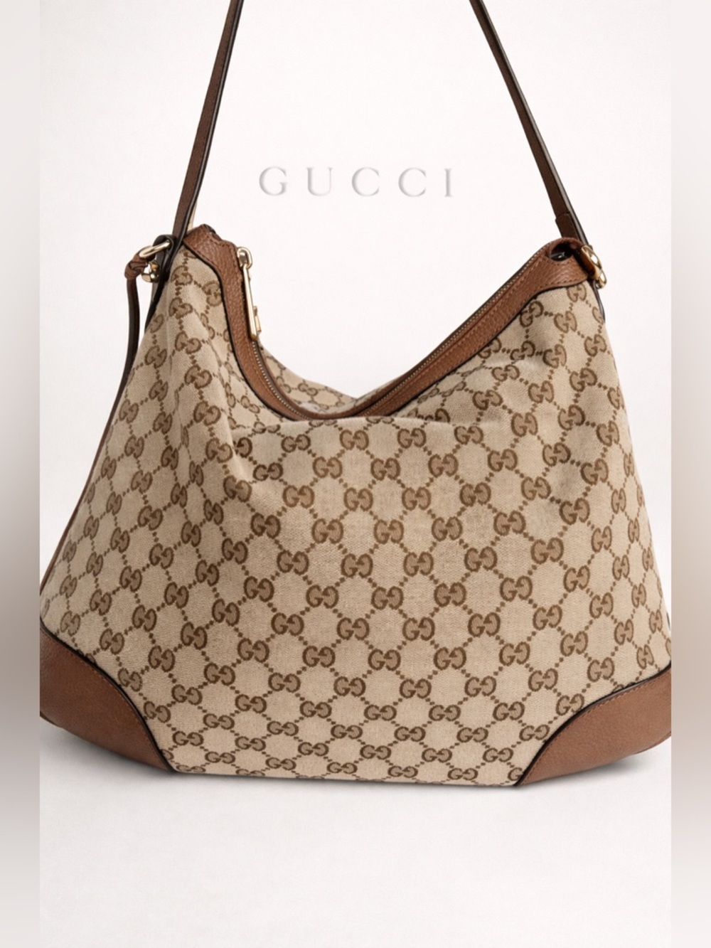 Gucci Bree Large GG Canvas Hobo Bag Brown Leather Trim Gold Hardware Authentic